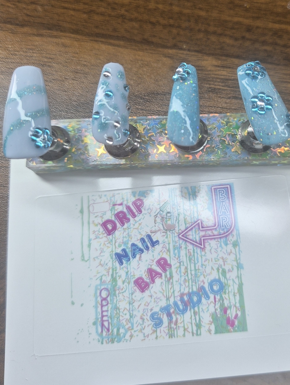 Aqua Blue Glitter 3D Flower Press-On Nail Set